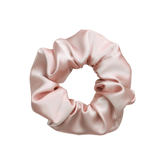 Siluxe Large mulberry silk scrunchie in Rose Gold, used as the hero image for the Medium, Large and XLarge size guide.