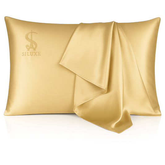 Siluxe 22 momme mulberry silk pillowcase in champagne gold, illustrating a value guide to material, construction and nightly use.