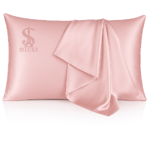 Pink Pure Silk pillowcase with 'SILUXE' logo on a white background