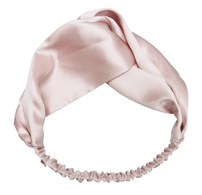 Siluxe silk headband in Rose gold, product view on white: twist and gathered elastic back