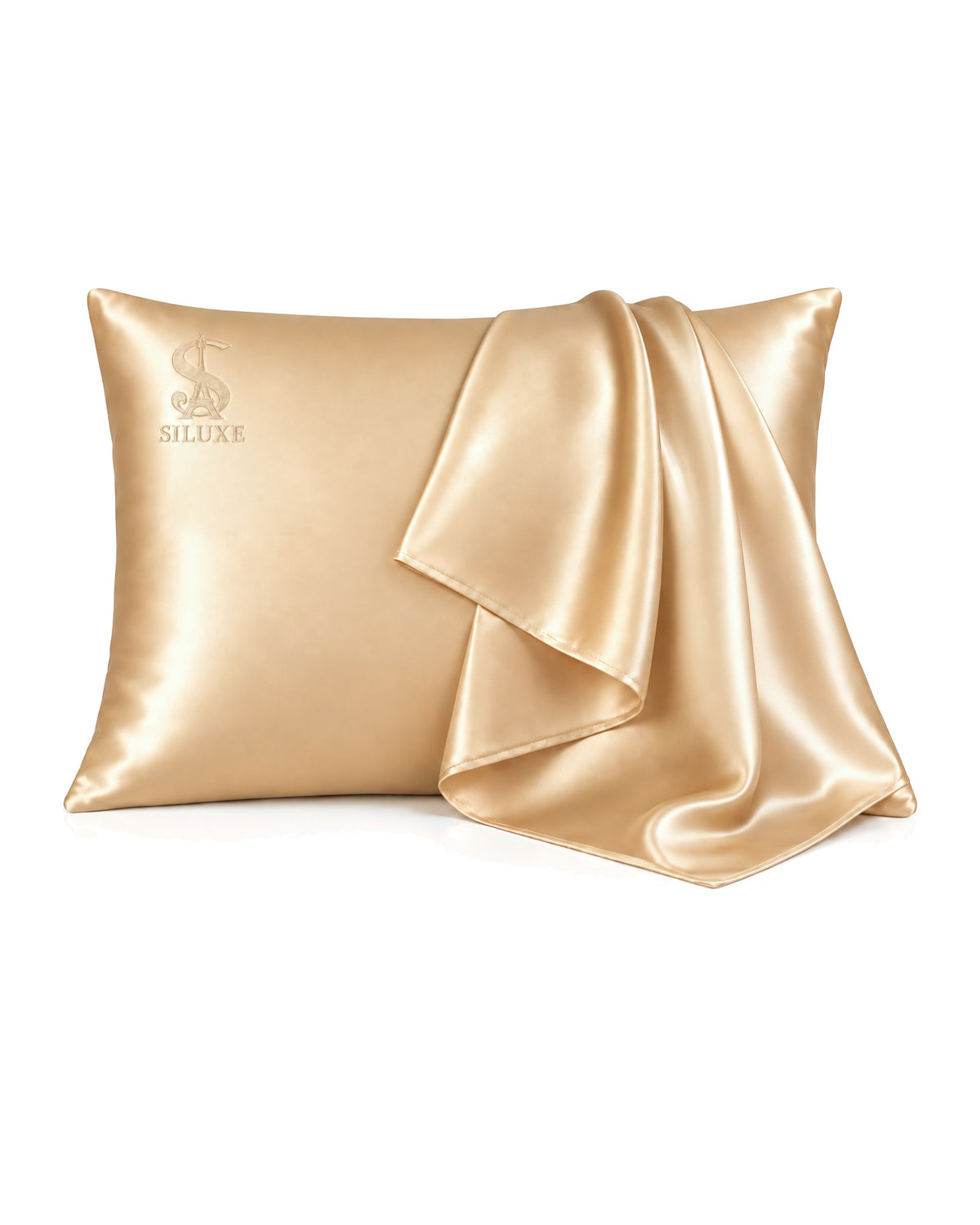 Siluxe silk pillowcase in Gold, Standard 50 × 70 cm, a second case draped over it, product view on white