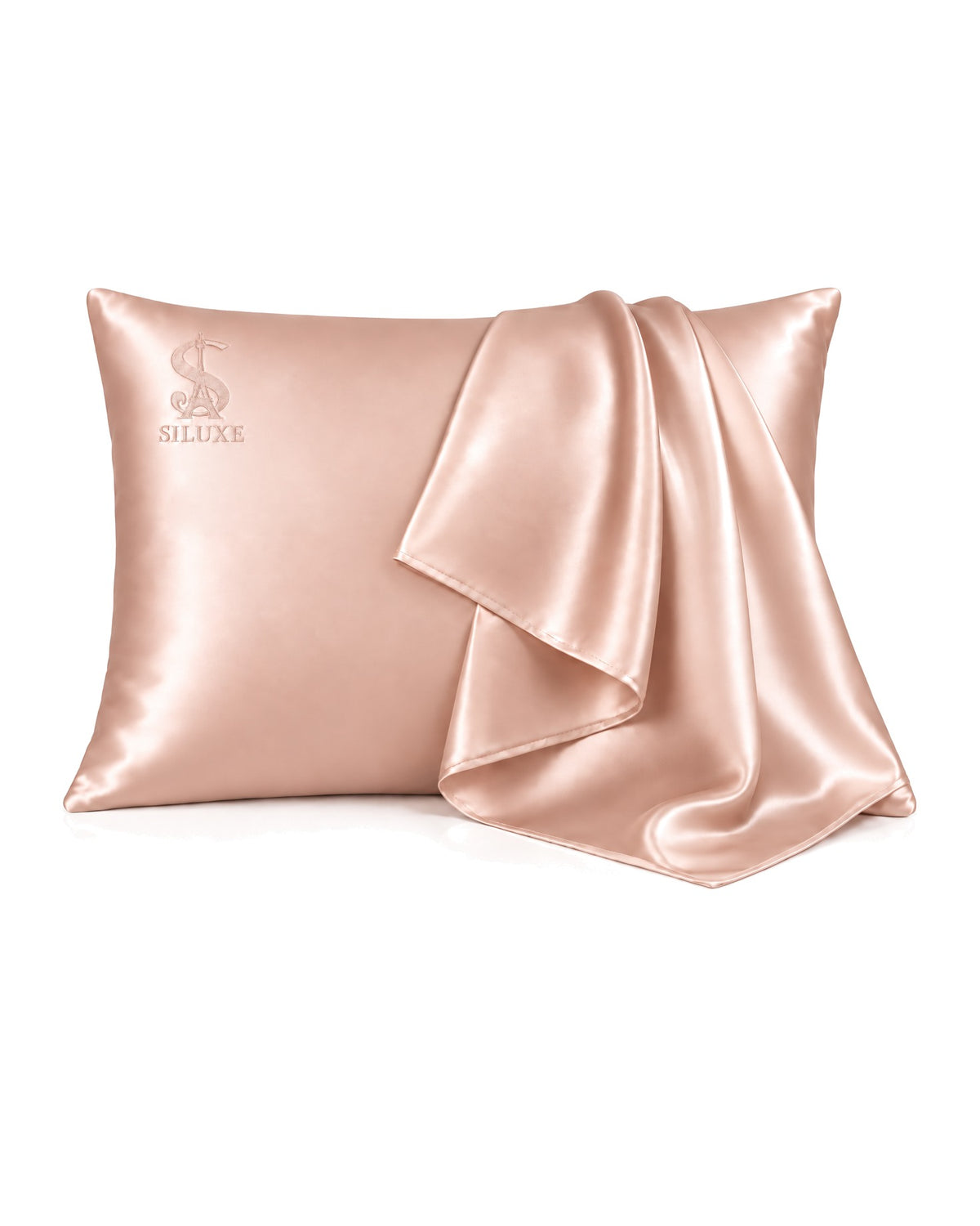 Siluxe silk pillowcase in Rose gold, Standard 50 × 70 cm, a second case draped over it, product view on white