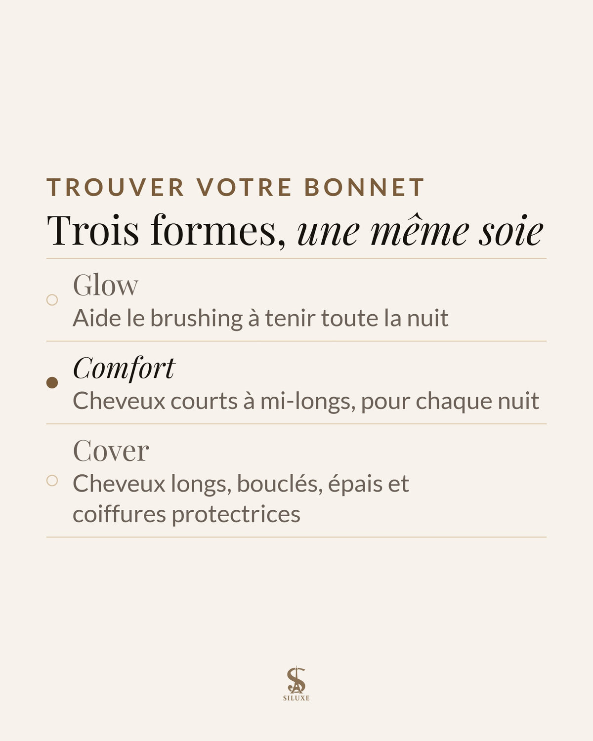 Trouver votre bonnet : Glow, aide le brushing à tenir toute la nuit ; Comfort, cheveux courts à mi-longs, pour chaque nuit ; Cover, cheveux longs, bouclés, épais et coiffures protectrices
