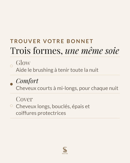 Trouver votre bonnet : Glow, aide le brushing à tenir toute la nuit ; Comfort, cheveux courts à mi-longs, pour chaque nuit ; Cover, cheveux longs, bouclés, épais et coiffures protectrices