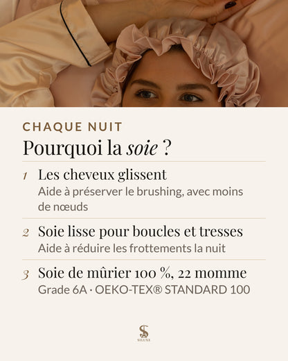 Pourquoi la soie : les cheveux glissent, ce qui aide à préserver le brushing, avec moins de nœuds ; une soie lisse pour boucles et tresses aide à réduire les frottements la nuit ; soie de mûrier 100 %, 22 momme, grade 6A, OEKO-TEX® STANDARD 100