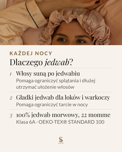 Dlaczego jedwab: włosy suną po jedwabiu, co pomaga ograniczyć splątania i dłużej utrzymać ułożenie włosów; gładki jedwab dla loków i warkoczy pomaga ograniczyć tarcie w nocy; 100% jedwab morwowy, 22 momme, klasa 6A, OEKO-TEX® STANDARD 100