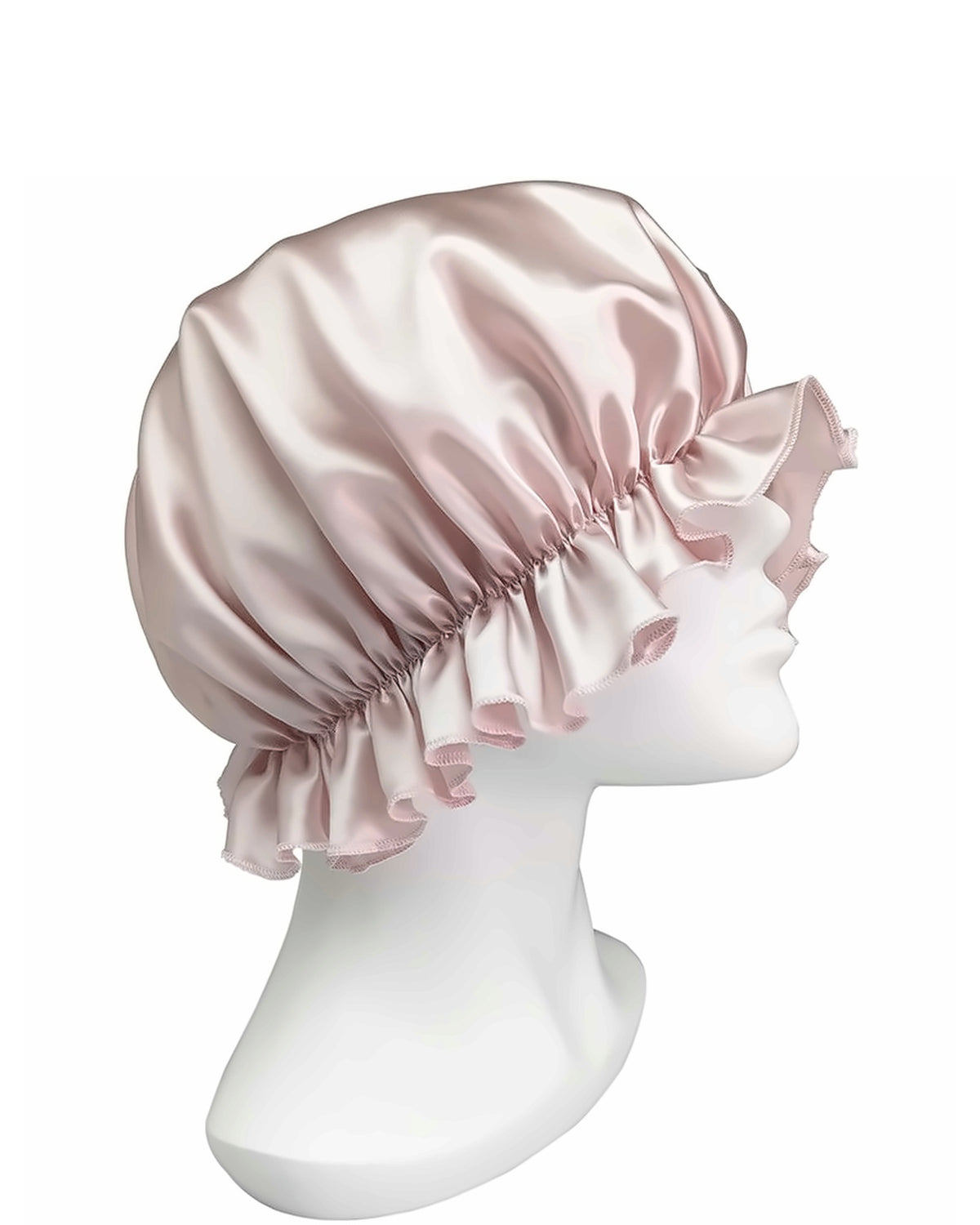 Siluxe Comfort silk bonnet in Rose gold, side product view: ruffle edge and soft elastic