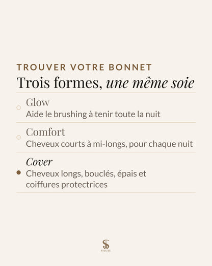 Trouver votre bonnet : Glow, aide le brushing à tenir toute la nuit ; Comfort, cheveux courts à mi-longs, pour chaque nuit ; Cover, cheveux longs, bouclés, épais et coiffures protectrices