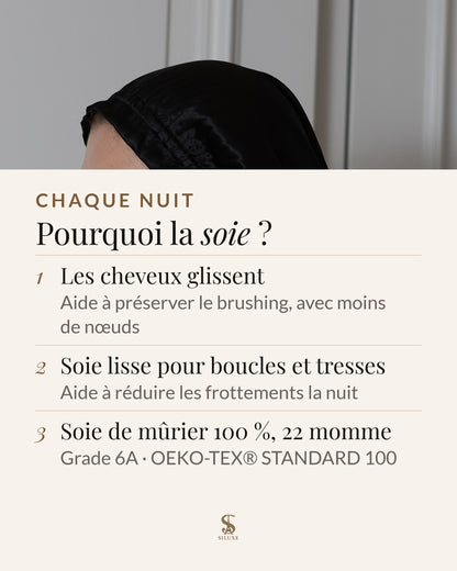 Pourquoi la soie : les cheveux glissent, ce qui aide à préserver le brushing, avec moins de nœuds ; une soie lisse pour boucles et tresses aide à réduire les frottements la nuit ; soie de mûrier 100 %, 22 momme, grade 6A, OEKO-TEX® STANDARD 100