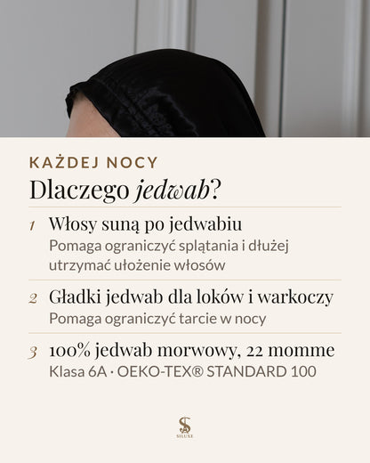 Dlaczego jedwab: włosy suną po jedwabiu, co pomaga ograniczyć splątania i dłużej utrzymać ułożenie włosów; gładki jedwab dla loków i warkoczy pomaga ograniczyć tarcie w nocy; 100% jedwab morwowy, 22 momme, klasa 6A, OEKO-TEX® STANDARD 100