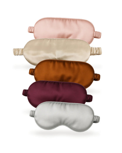 Siluxe silk eye mask in five colours: Rose gold, Gold, Bronze, Burgundy and Silver