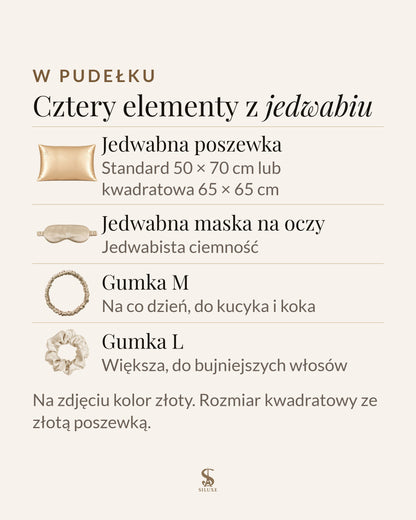 W pudełku prezentowym Siluxe cztery elementy z jedwabiu: jedwabna poszewka Standard 50 × 70 cm lub kwadratowa 65 × 65 cm, jedwabna maska na oczy, gumka M i gumka L; na zdjęciu kolor złoty