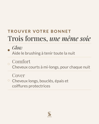 Trouver votre bonnet : Glow, aide le brushing à tenir toute la nuit ; Comfort, cheveux courts à mi-longs, pour chaque nuit ; Cover, cheveux longs, bouclés, épais et coiffures protectrices