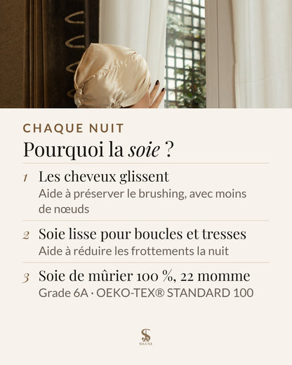 Pourquoi la soie : les cheveux glissent, ce qui aide à préserver le brushing, avec moins de nœuds ; une soie lisse pour boucles et tresses aide à réduire les frottements la nuit ; soie de mûrier 100 %, 22 momme, grade 6A, OEKO-TEX® STANDARD 100