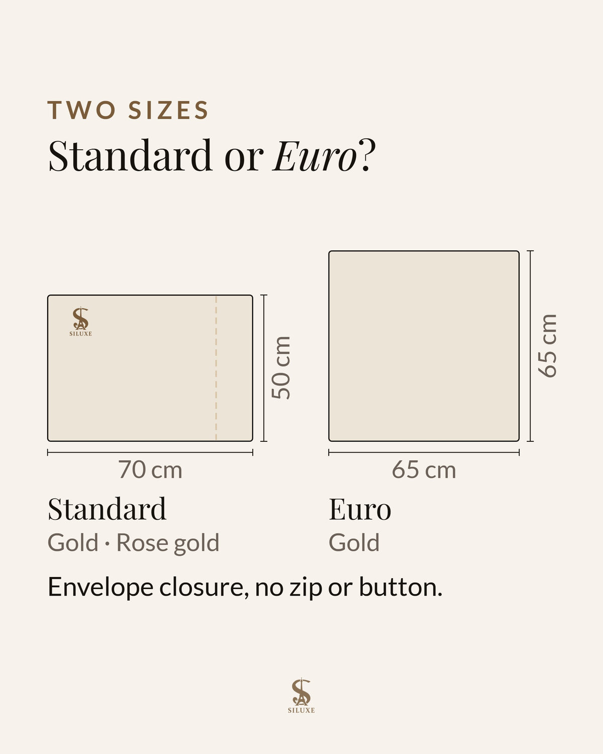 Siluxe silk pillowcase sizes: Standard 50 × 70 cm in Gold or Rose gold, Euro 65 × 65 cm in Gold, envelope closure, no zip or button