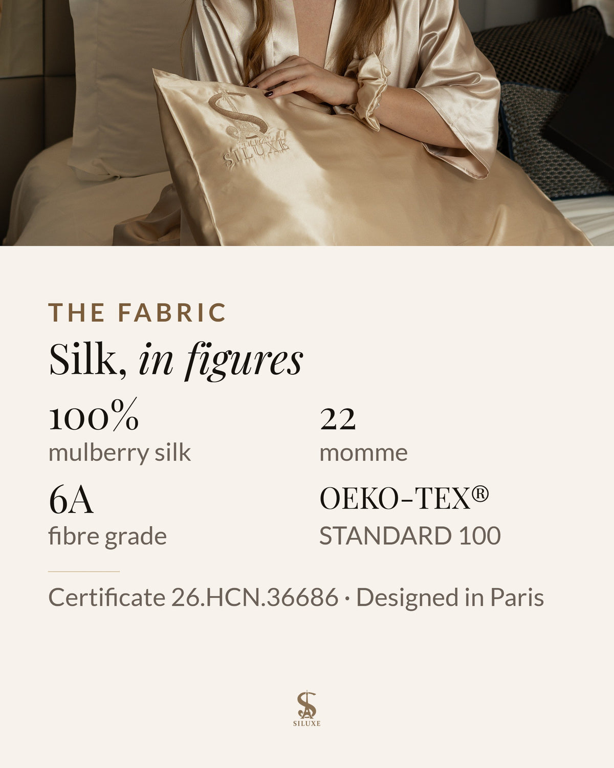 Silk, in figures: 100% mulberry silk, 22 momme, Grade 6A, OEKO-TEX® STANDARD 100, certificate 26.HCN.36686, designed in Paris