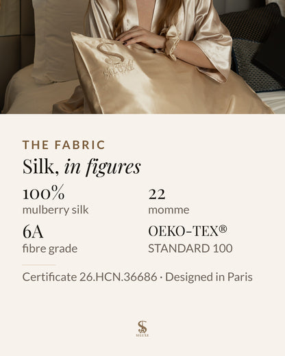 Silk, in figures: 100% mulberry silk, 22 momme, Grade 6A, OEKO-TEX® STANDARD 100, certificate 26.HCN.36686, designed in Paris