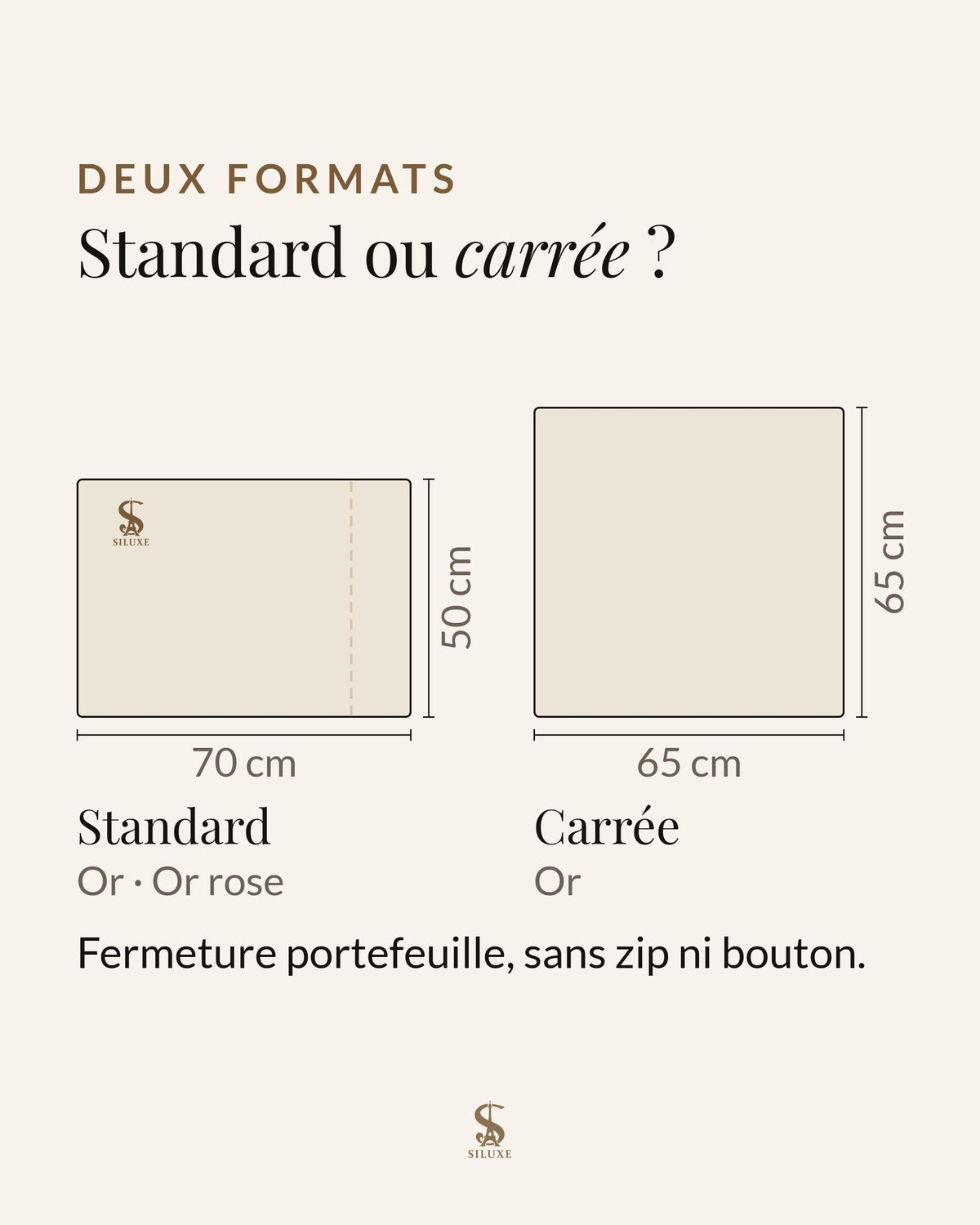 Formats de la taie en soie Siluxe : standard 50 × 70 cm en Or ou Or rose, carrée 65 × 65 cm en Or, fermeture portefeuille, sans zip ni bouton