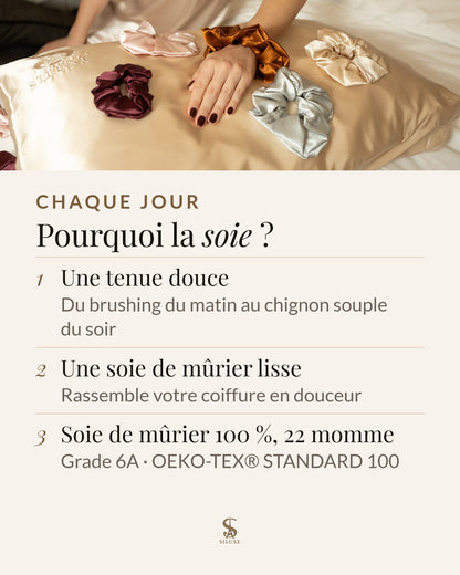Pourquoi la soie : une tenue douce, du brushing du matin au chignon souple du soir ; une soie de mûrier lisse rassemble votre coiffure en douceur ; soie de mûrier 100 %, 22 momme, grade 6A, OEKO-TEX® STANDARD 100