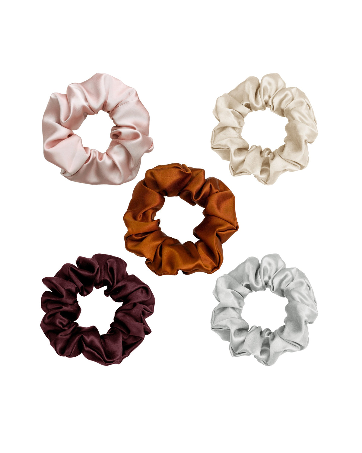 Siluxe silk scrunchie, Large, in the five colours: Rose gold, Gold, Bronze, Burgundy and Silver