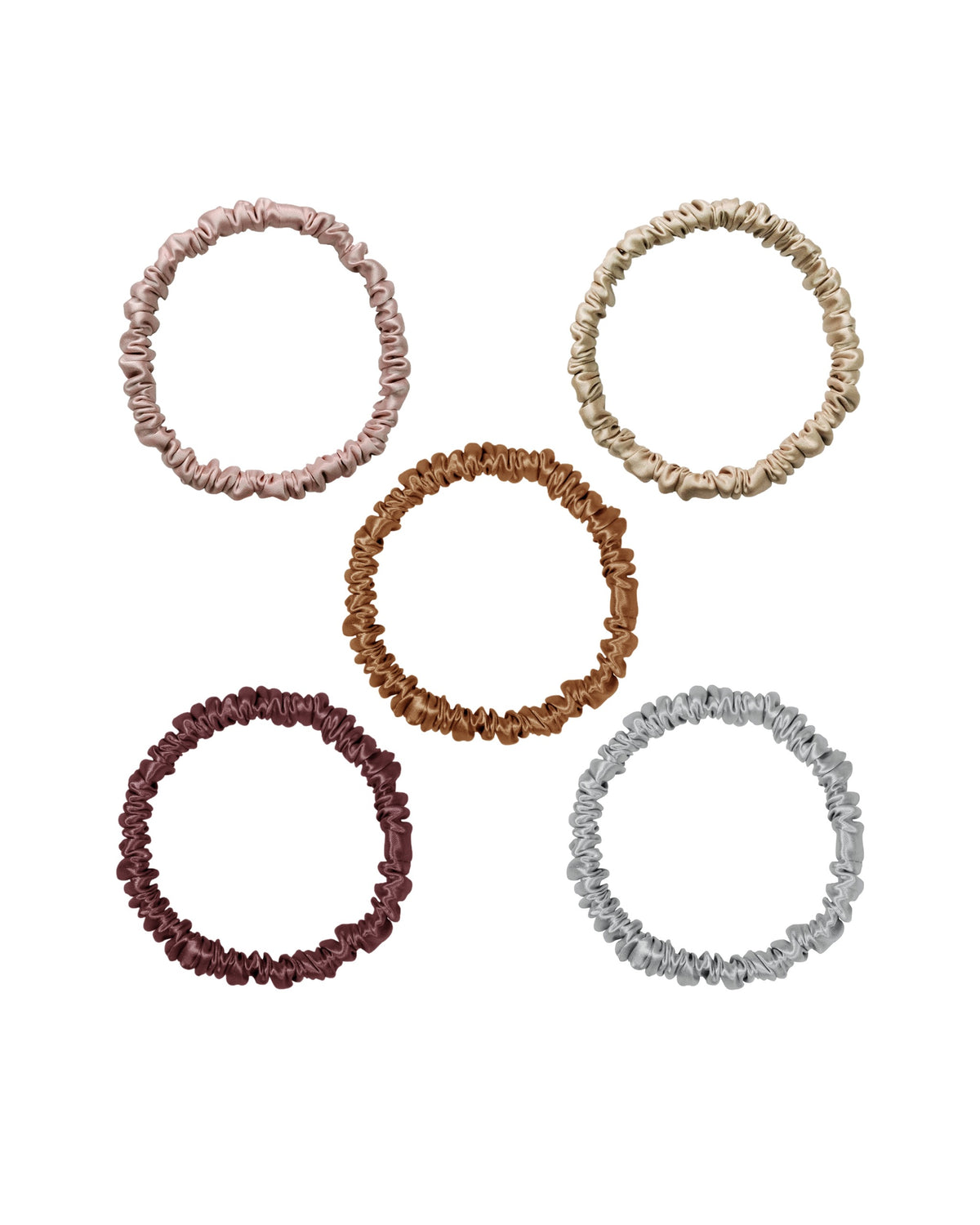 Siluxe silk scrunchie, Medium, in the five colours: Rose gold, Gold, Bronze, Burgundy and Silver