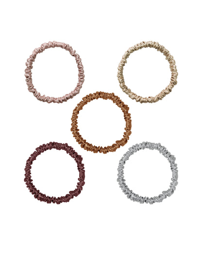 Siluxe silk scrunchie, Medium, in the five colours: Rose gold, Gold, Bronze, Burgundy and Silver